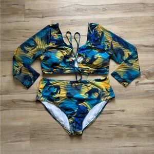 SHEIN Blue Green Yellow Pattern Long Sleeve Bikini & Bottom